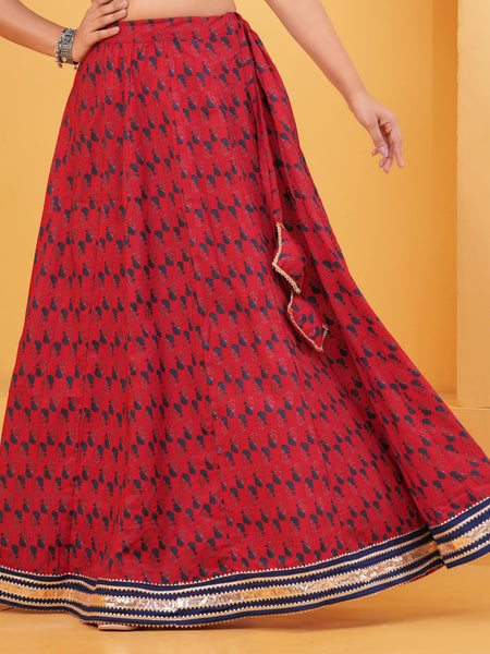 Red Printed Flared Maxi Skirt