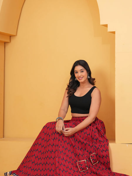 Red Printed Flared Maxi Skirt