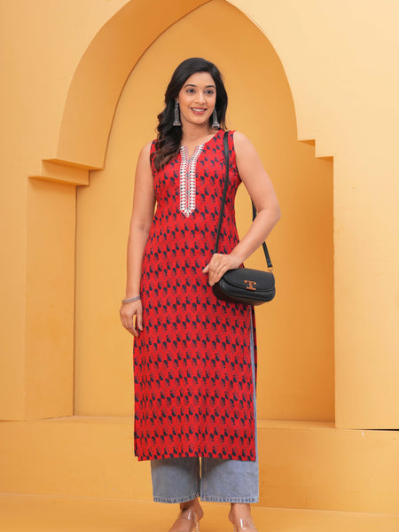Red Ethnic Printed Straight Kurta