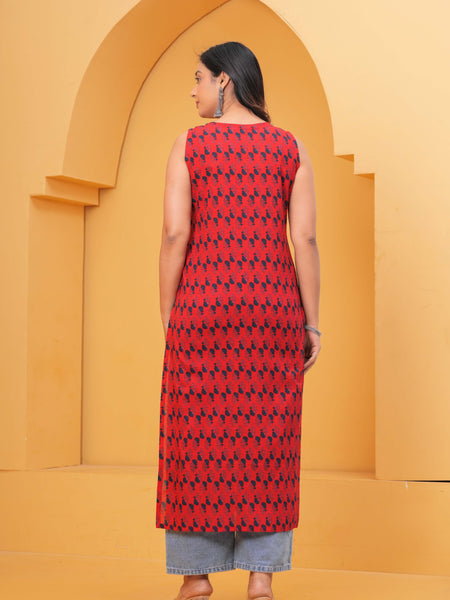 Red Ethnic Printed Straight Kurta