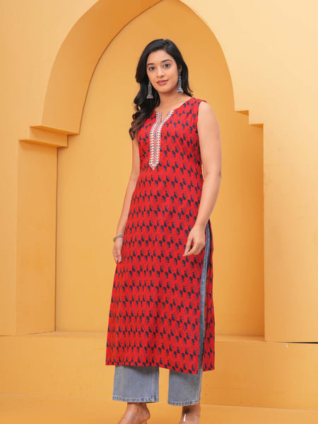 Red Ethnic Printed Straight Kurta
