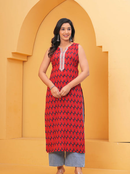 Red Ethnic Printed Straight Kurta