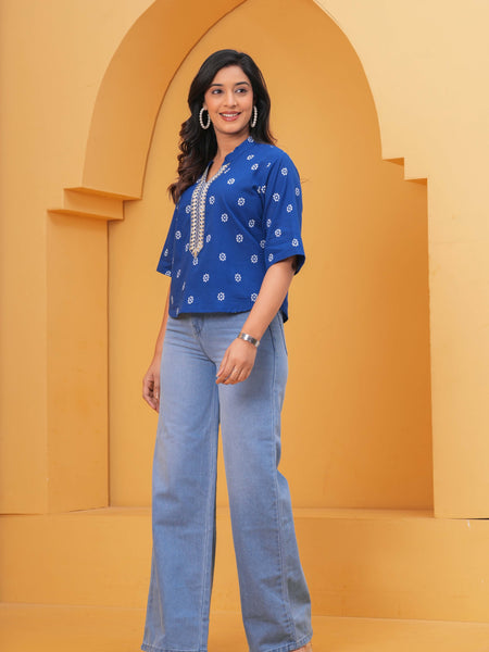 Print Mandarin Collar Ethnic Cotton Top