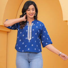 Print Mandarin Collar Ethnic Cotton Top