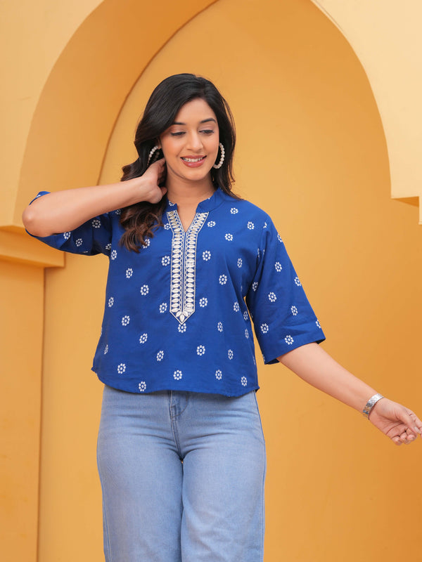 Print Mandarin Collar Ethnic Cotton Top