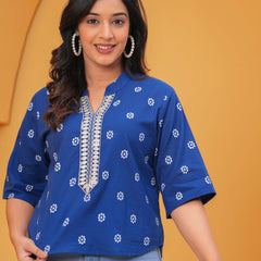 Print Mandarin Collar Ethnic Cotton Top