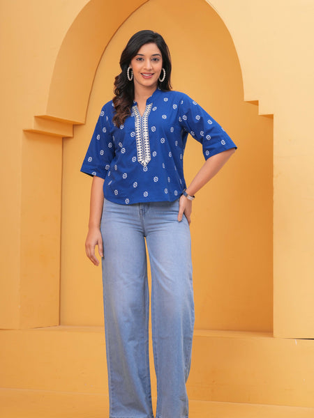 Print Mandarin Collar Ethnic Cotton Top