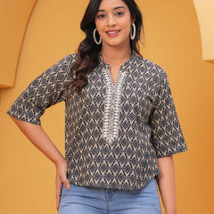 Geometric Printed Mandarin Collar Cotton Blend Top