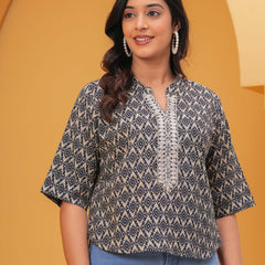 Geometric Printed Mandarin Collar Cotton Blend Top