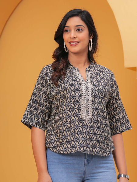 Geometric Printed Mandarin Collar Cotton Blend Top