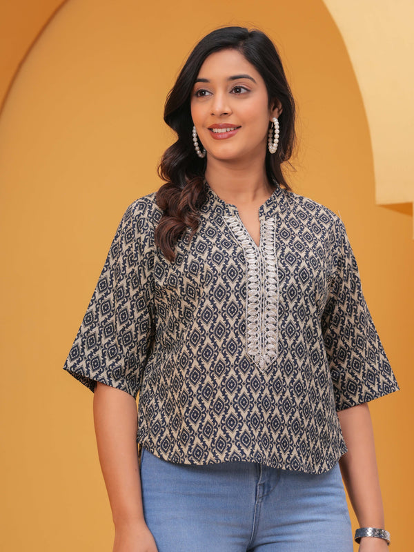 Geometric Printed Mandarin Collar Cotton Blend Top