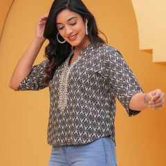 Geometric Printed Mandarin Collar Cotton Blend Top