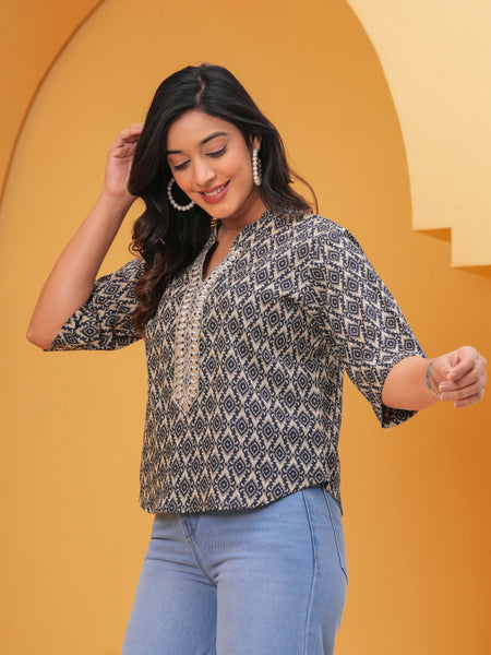 Geometric Printed Mandarin Collar Cotton Blend Top