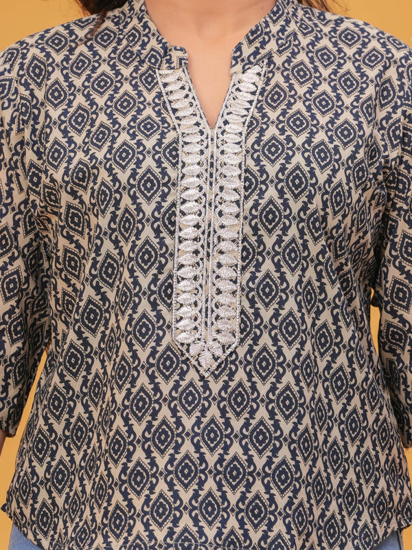 Geometric Printed Mandarin Collar Cotton Blend Top