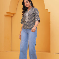 Geometric Printed Mandarin Collar Cotton Blend Top