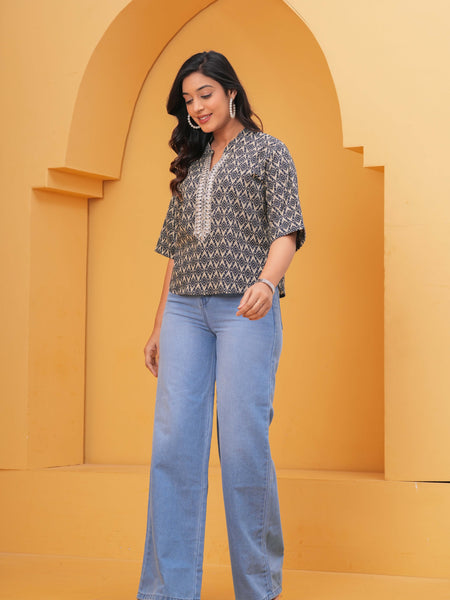 Geometric Printed Mandarin Collar Cotton Blend Top