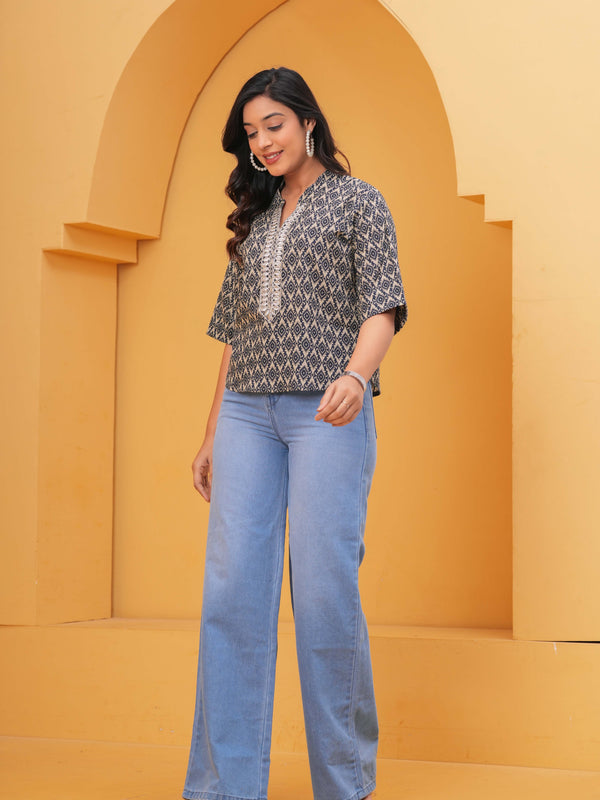 Geometric Printed Mandarin Collar Cotton Blend Top