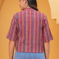 Print Mandarin Collar Ethnic Cotton Blend Top