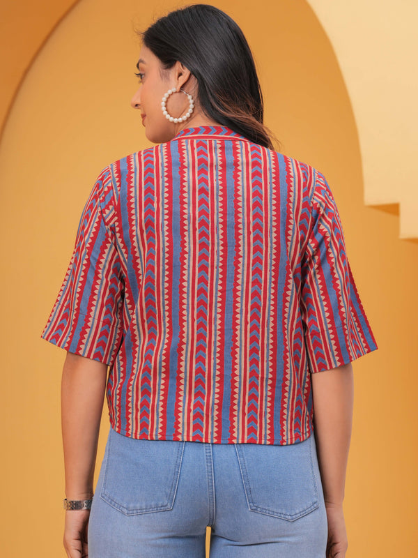 Print Mandarin Collar Ethnic Cotton Blend Top
