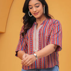 Print Mandarin Collar Ethnic Cotton Blend Top