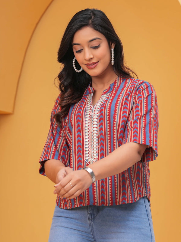 Print Mandarin Collar Ethnic Cotton Blend Top