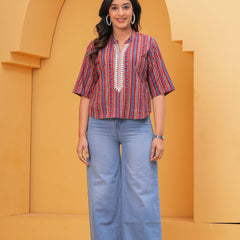 Print Mandarin Collar Ethnic Cotton Blend Top