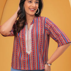 Print Mandarin Collar Ethnic Cotton Blend Top