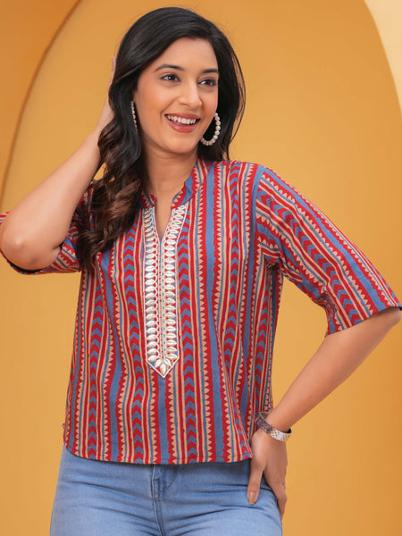 Print Mandarin Collar Ethnic Cotton Blend Top