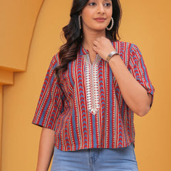 Print Mandarin Collar Ethnic Cotton Blend Top