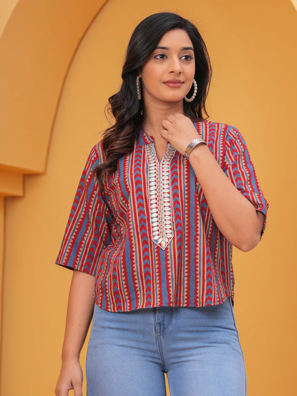 Print Mandarin Collar Ethnic Cotton Blend Top