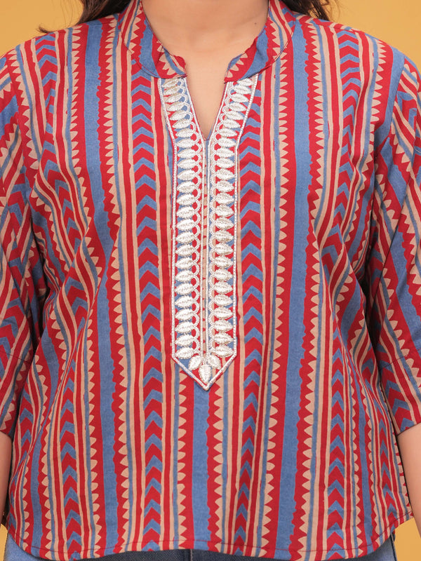 Print Mandarin Collar Ethnic Cotton Blend Top
