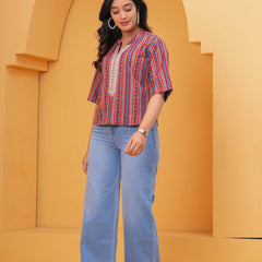 Print Mandarin Collar Ethnic Cotton Blend Top