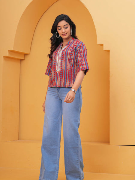 Print Mandarin Collar Ethnic Cotton Blend Top