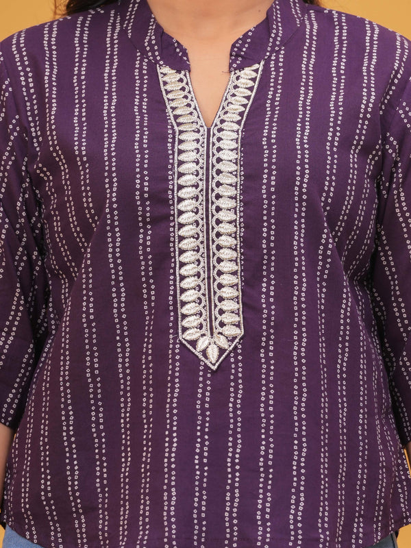 Women Purple Ethnic Print Cotton Blend Casual Top