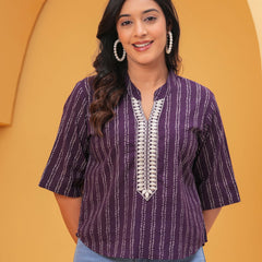 Women Purple Ethnic Print Cotton Blend Casual Top