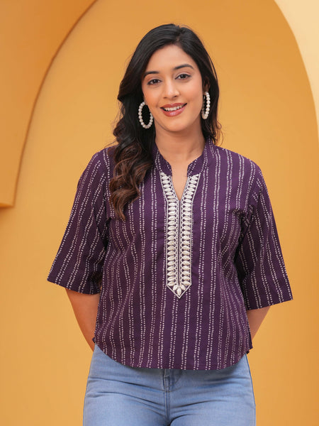 Women Purple Ethnic Print Cotton Blend Casual Top