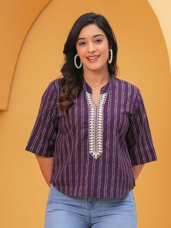 Women Purple Ethnic Print Cotton Blend Casual Top