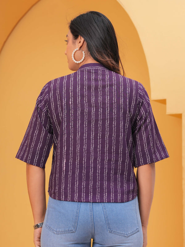 Women Purple Ethnic Print Cotton Blend Casual Top