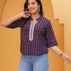 Women Purple Ethnic Print Cotton Blend Casual Top