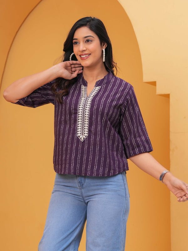 Women Purple Ethnic Print Cotton Blend Casual Top