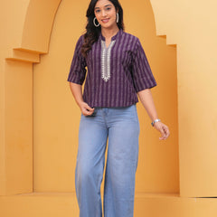 Women Purple Ethnic Print Cotton Blend Casual Top