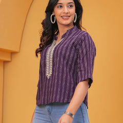 Women Purple Ethnic Print Cotton Blend Casual Top