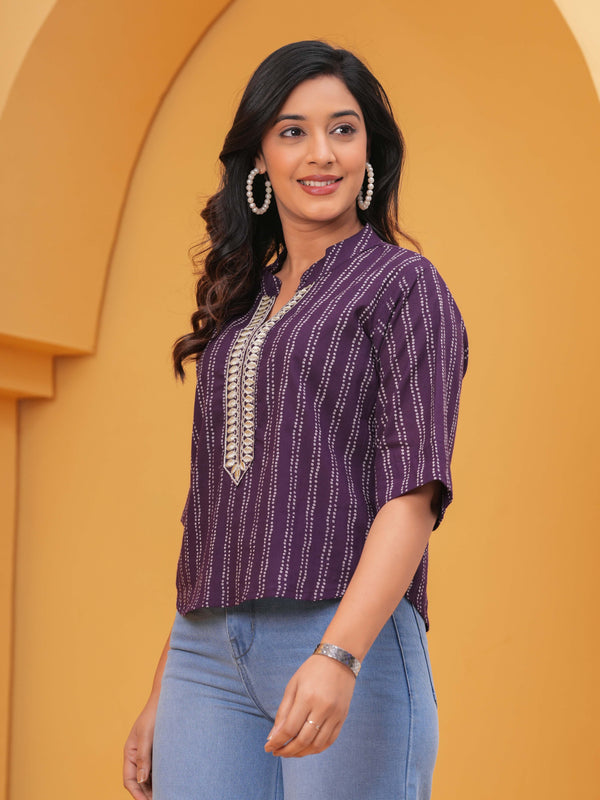 Women Purple Ethnic Print Cotton Blend Casual Top