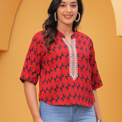 Geometric Print Mandarin Collar Cotton Top