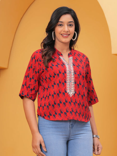 Geometric Print Mandarin Collar Cotton Top