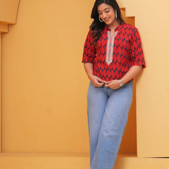 Geometric Print Mandarin Collar Cotton Top