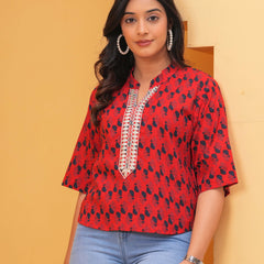 Geometric Print Mandarin Collar Cotton Top
