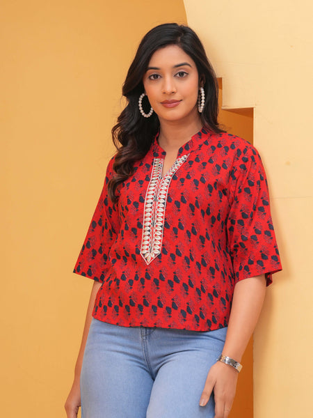 Geometric Print Mandarin Collar Cotton Top