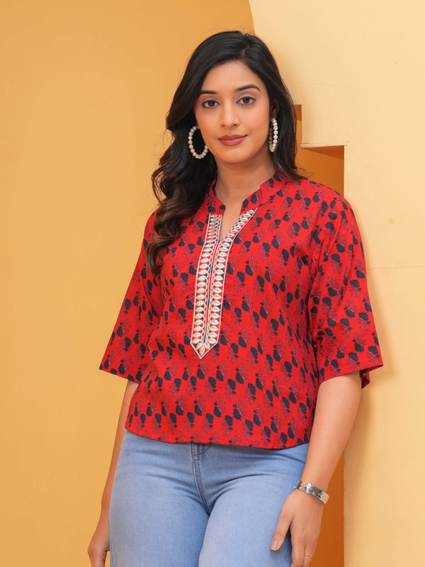 Geometric Print Mandarin Collar Cotton Top