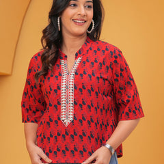 Geometric Print Mandarin Collar Cotton Top